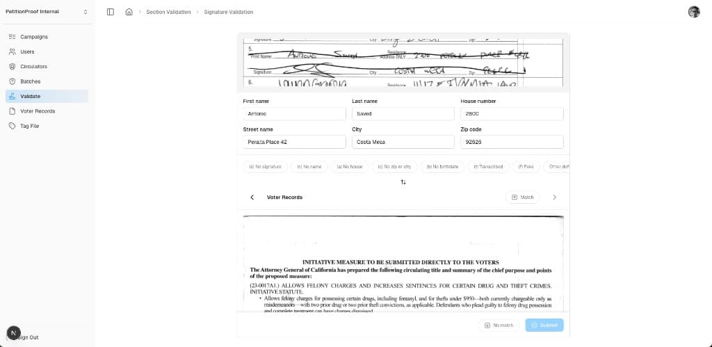 PetitionProof signature validation interface showing petition review and voter matching