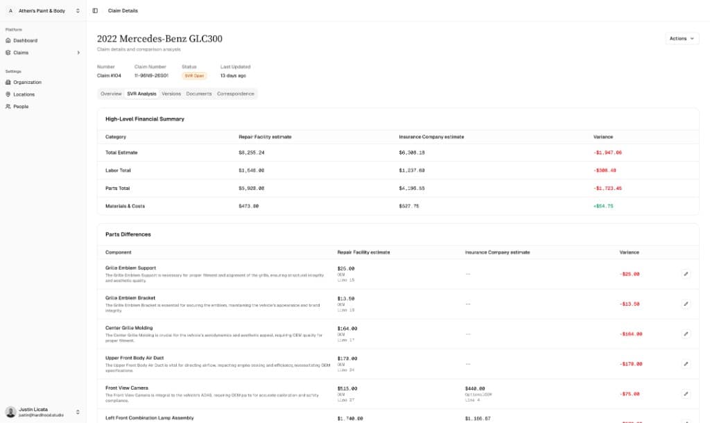 Variance AI claims analysis dashboard showing estimate comparison and parts variance