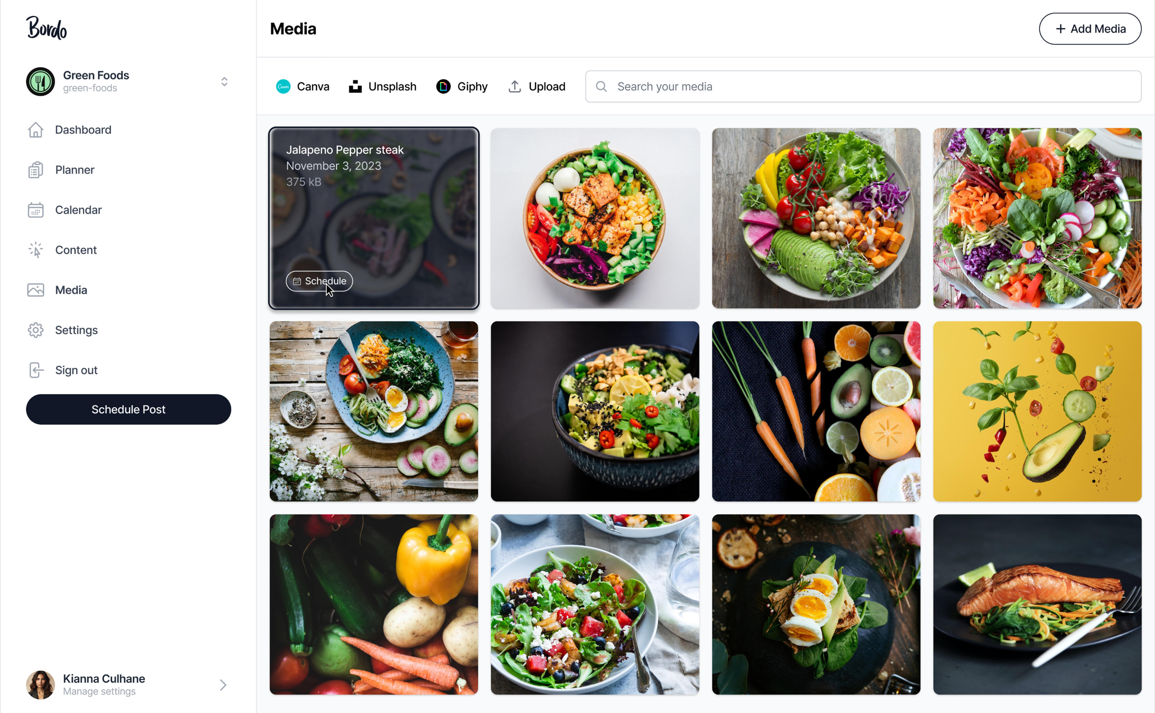 Bordo media library grid with food photography and scheduling actions