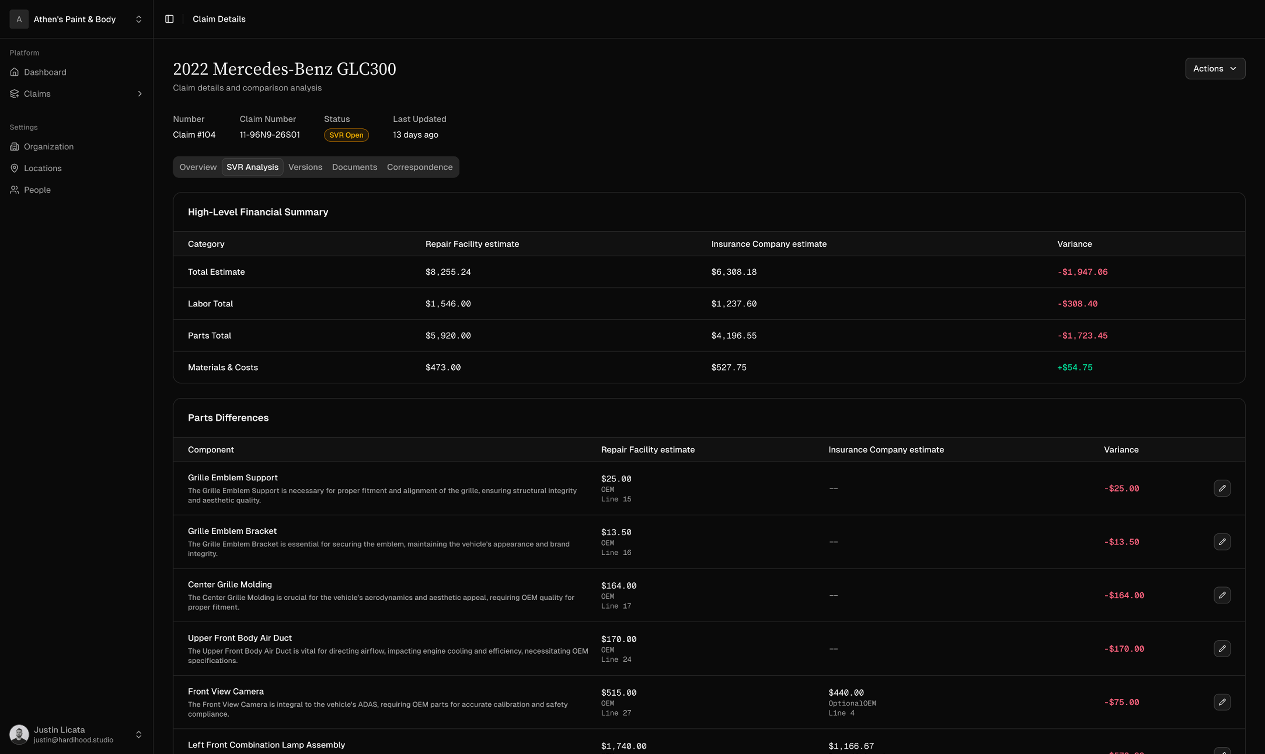Variance AI claims list with search, filters, and open claim statuses